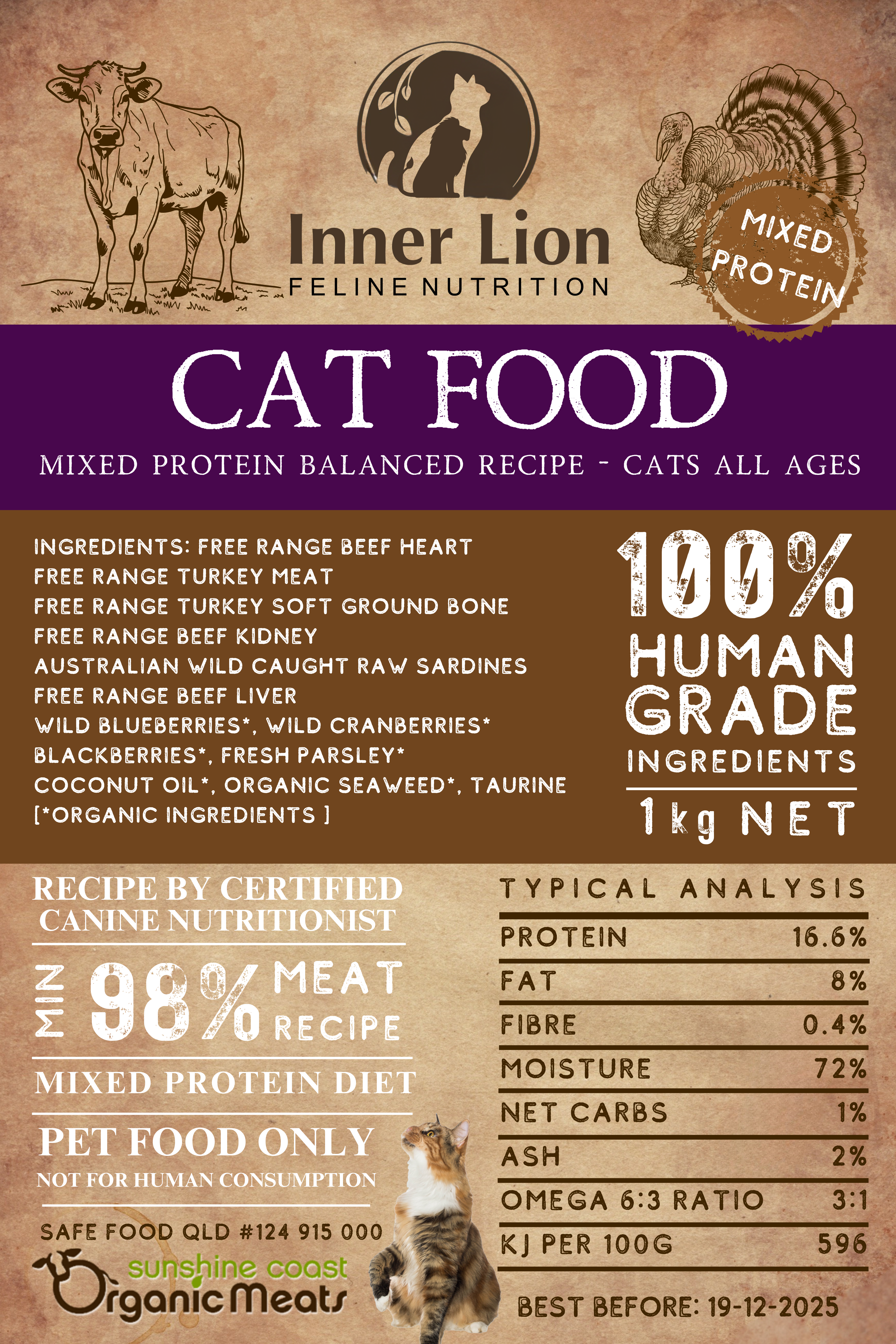 Inner Lion Free Range Patties for Cats - Beef- Fish -Turkey- 1kg