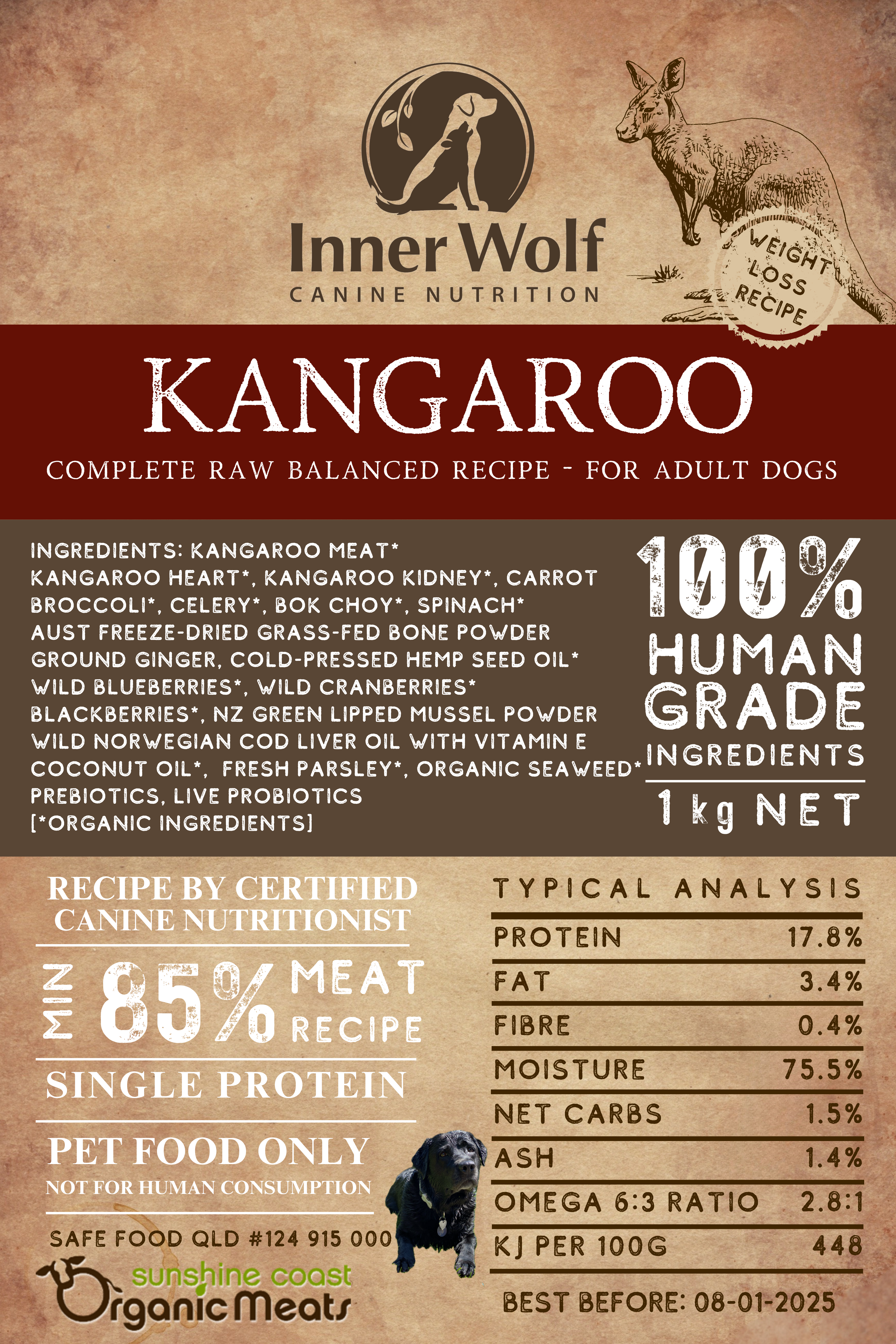 Inner Wolf Free Range Kangaroo 1kg Complete Raw Dog Food Sunshine Coast