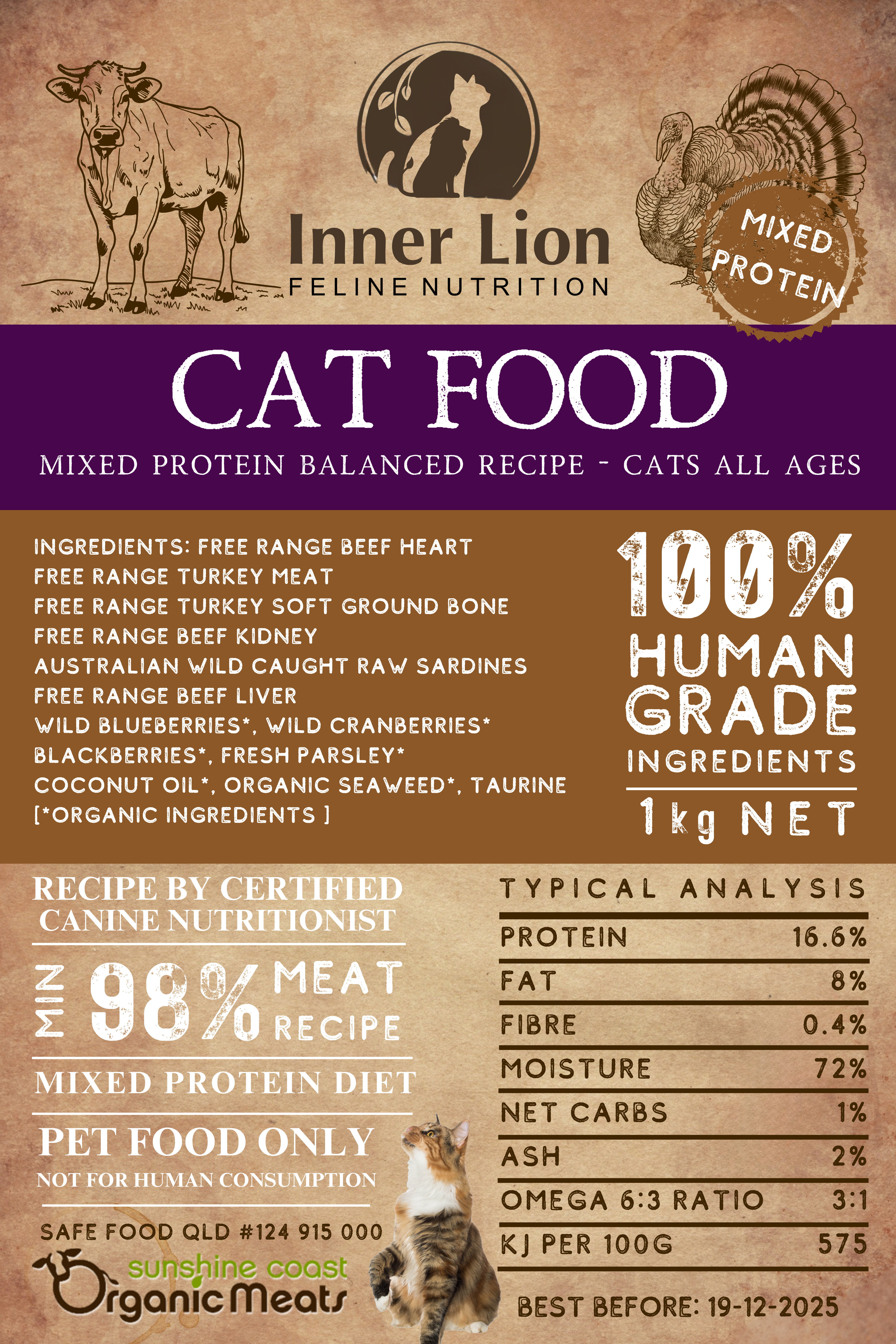Inner Lion Free Range Patties for Cats - Beef- Fish -Turkey- 1kg