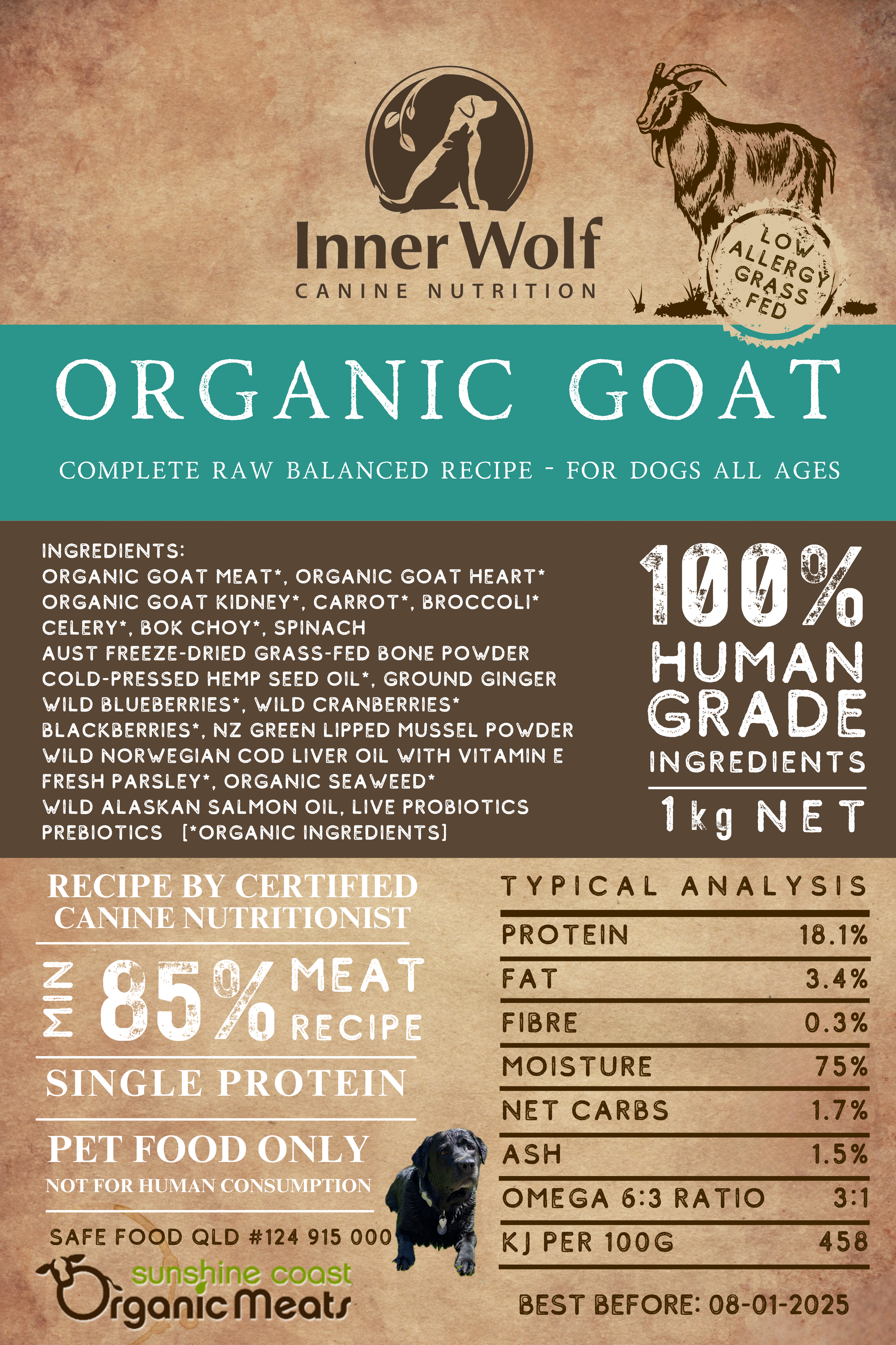 Inner Wolf Free Range Goat 1kg Complete Raw Dog Food Sunshine Coast